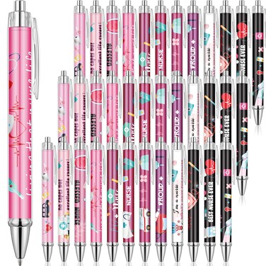 36 Pcs 5.4 Inch 12 Designs Nurse Pens Set Nurse Ball Point Pens 1.0 mm Black Ink for Nurses Retractable- Funny Appreciation Rotating Message Pen for Nurses Week (Warm)