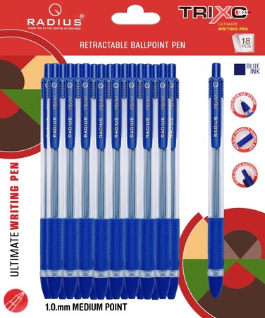RADIUS Trixo Retractable Blue Ballpoint Pens - 18 Pack, 1.0mm Medium Fine Point for Smooth Writing, Comfort Rubber Grip, Stationery Item Set for Journal Writing, Home, Office, School