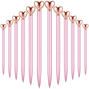 Chinco 12 Pieces Valentine's Day Heart Shaped Pens Black Ink Retractable Metal Decorative Cute Pens Heart Ballpoint for Valentines Party Favor Women Wedding Bridal Shower Gifts(Pink)