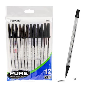BAZIC Ballpoint Pen Pure Black Color Stick Pens, 1.0 mm Bold Point Smooth Writing, for Office School Teacher (12/Pack), 1-Pack