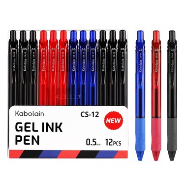 Kabolain 12 Pack Gel Ink Pens, 0.5mm Retractable Ballpoint Pens(Black/Blue/Red), Fine Point Smooth Pens with Soft Grip, Office Pens School Supplies for Writing Men/Teacher