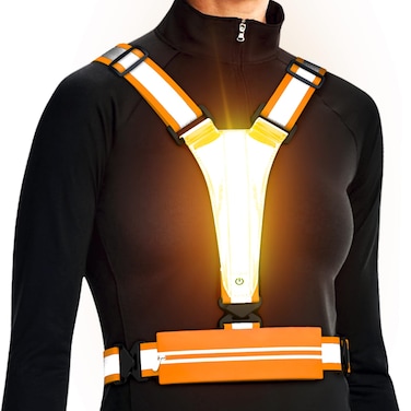 Ylzzrs LED Reflective Vest Running Gear, USB Rechargeable Light Up Running Vest Chest Phone Holder for Runners Night Walking,6-11hrs Light Adjustable Waist/Shoulder for Women Men Kids (Orange)
