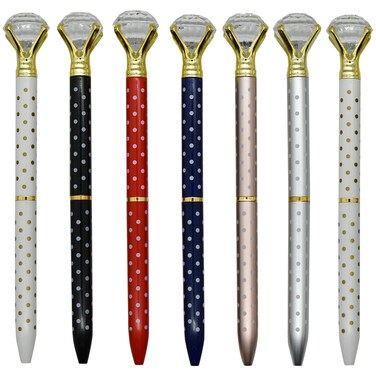 Maydahui 12 PCS Polka Dot Big Diamond Ballpoint Pens Retractable Bling Rhinestone Pen Beautiful Gem Pens 6 Color Black Ink for School Wedding