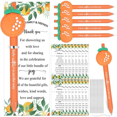 Chivertion 50 Set Baby Shower Pens Favors for Guests 50 Baby Shower Retractable Ballpoint Pens 50 Thank You Cards with Twist Ties for Gender Reveal Party Souvenir Prize(Orange)