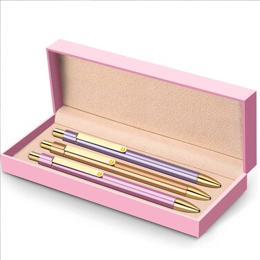 YONCOUX 3 Pcs Ballpoint Pens,Black Ink Medium Point 0.5,Retractable Pretty Metal Ballpoint Gift Pens With 10 Extra Refills for Note Taking,Men Women School Office Cute Pens,3 Pcs-Pink Set
