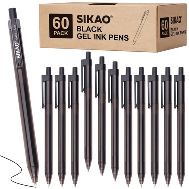 Sikao Black Gel Pens Bulk, Black Pens Fine Point Smooth Writing Pens No Smudge, 0.7mm Gel Ink Pens, Retractable Pens, Rollerball Pens, Server Pens, Office Pens, Lapiceros (60 Pack Gel ink)