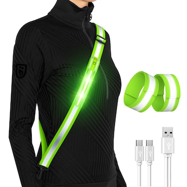 LED Reflective Running Gear High Visibility Reflective Belt Sash with Armband for Walking at Night,Adjustable Running Safety Gear Light Up Running Belt for Runners Walkers Men Women (Green)