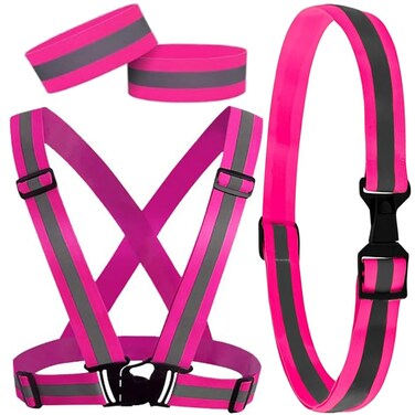 WFJ Pink Safety Running Gear Upgrade Reflective Vest Set High Visibility Set with 2 Pack Reflector Armbands for Running Cycling Jogging Walking Stripe Belt Glow Bike Band