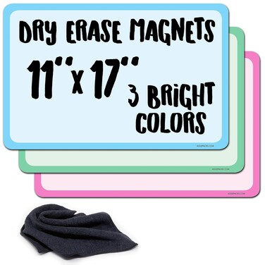 Magnetic Dry Erase Whiteboard Sheet 11" x 17" - Kitchen, Fridge, Office, Classroom, Organizer Plus Magnetic Cloth Eraser (Multicolor 11x17 3-Pack)