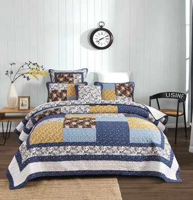 Tache Cotton Patchwork Farmhouse Cottage Coastal Garden Ditsy Floral Blue Yellow White Brown Lightweight Coverlet Prairie Sunset Quilt Set, King