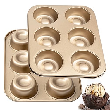 Yomvzake Brownie Bowl Pan 2 Pack, 6 Cavity Mini Round Cake Pan Cantinflas Cake Mold 3 Inch Shortcake Pan Tea Cake Pan Small Lava Cake Pan Cookie Shot Mold for Baking - Gold