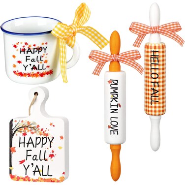 Yookeer 4 Pcs Thanksgiving Fall Tiered Tray Decor Set Hello Fall Pumpkin Maple Leaf Wood Table Decor Mini Autumn Wooden Signs Small Mug and Rolling Pins Rustic Fall Table Decoration for Home Kitchen