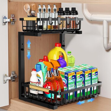 LUWUIDEN Under Sink Organizer and Storage: 2-Tier Adjustable Height Under Sink Bathroom Organizers Multi-Purpose Bathroom Cabinet Pull Out Drawers for Kitchen with Hooks (Black)