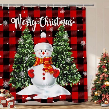 BestLives Christmas Shower Curtains Winter Snowman Xmas Tree Bath Curtain Red Buffalo Plaid Christmas Bath Decoration Waterproof Polyester Fabric Bathroom Curtain with 12 Hooks 72 x 72 Inch