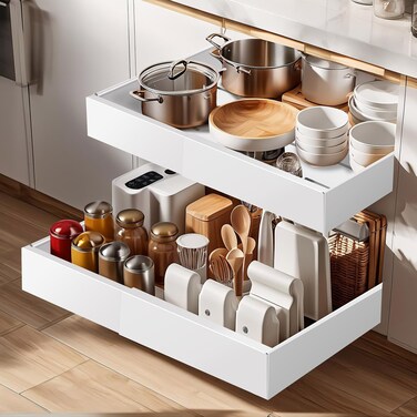 2 Pack Pull out Cabinet Organizer, Expandable(12.6"-20.5") Heavy Duty Slide out Drawers Fixed with Adhesive Nano Film, Cabinet Organizer for Kitchen Base Cabinet, Pantry Bathroom Home (16.5" Deep)