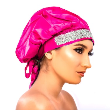 IMPRINTS BY MAU Large Size Soft Silk Bling Bonnet Sleep Cap, 55cm, Satin Smooth Rhinestone Night Hat with Wide Comfort Band, Prevents Hair Damage and Frizz (Dark Pink)