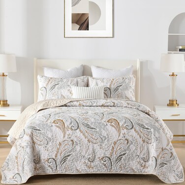 WONGS BEDDING Boho Quilt Set Queen,Beige Paisley Floral Pattern Bedspread Coverlet Set with 2 Pillowcases,Lightweight Microfiber Bohemian Quilt Bedding Set 96"&Atilde;&mdash;90