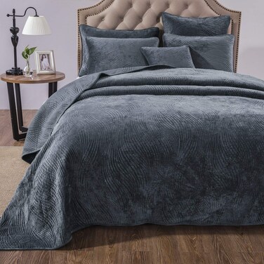 Tache Velvet Quilt Set, Luxurious Velveteen Velour Super Soft Plush Warm Cozy Velvet Comforter Set, Elegant Ripple Waves Stitch Quilted Coverlet Steel Navy Blue Bedspread Set, King