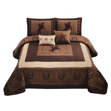 Western Collection New 5 Pieces Western Stars and Horses Cowboy Luxury Home Quilt Bedspread Oversize Comforter with Cushions (King, Brown Horse)