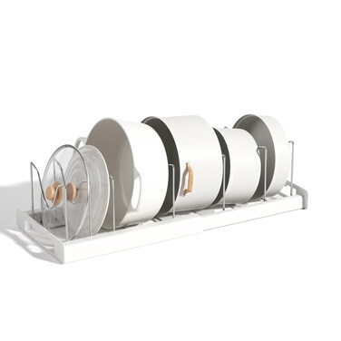 Beruyu Expandable Pot and Pan Organizer Rack for Cabinet, Pot Lid Organizer Holder with 7 Stainless Steel Adjustable Dividers for Kitchen Cabinet Organizer and Storage (White)