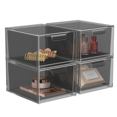 SpaceHacks 4 Pack Stackable Makeup Organizer and Storage, Acrylic Organizers&iuml;&frac14;&OElig;Clear Plastic Storage Drawer with Pull-Out Handles for Vanity, Undersink, Kitchen Cabinets, Pantry, Black