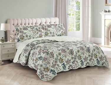 Brilliant Sunshine Green Vintage Beautiful Flowers, 3-Piece Quilt Set with 2 Shams, Reversible Bedspread, Soft Lightweight Coverlet, All-Season, King, Green