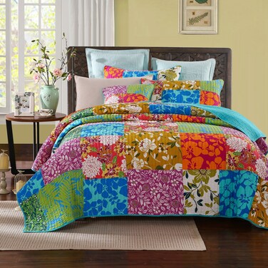 Tache Home Fashion Cotton 3 Piece Colorful Flower Power Party Patchwork Quilt Set, King