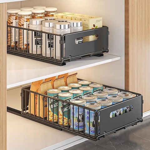 YunNasi Pull Out Cabinet Organizer Slide Out Drawer Storage Shelves Cupboard Organiser Sliding Cabinet Basket for Kitchen No Drilling and Nailing (Black, 2Piece 9.8&quot; W X 15&quot; D X 3.9&quot; H)