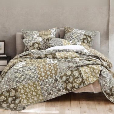 DaDa Bedding Bohemian Cotton Real Patchwork Floral Quilt Bedspread - Moroccan Dreams Filigree Paisley Olive Green Brown - Reversible Multi-Colorful Rustic Quilted Coverlet Set - Full - 3-Pieces
