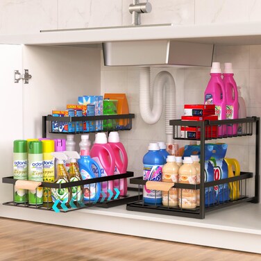 NOAHAMMER 2 Pack Under Sink Organizers and Storage, Kitchen Bathroom Cabinet Organizer, 2-Tier Pull Out Stackable Storage Shelves, Under Counter Cupboard Organizer Rack, Countertop Space Savers