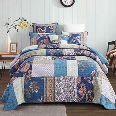 Tache Cotton Patchwork Vintage Bohemian Paisley Floral Damask Green Purple Blue Colorful Lightweight Coverlet Night Flower Quilt Set, King