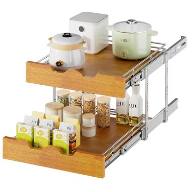 DINDON 2 Tier Pull Out Cabinet Organizer (20" W x 21" D) Slide Out Wood Shelf Double Tier Kitchen Wire Basket with Chrome Finish&acirc;&euro;&brvbar;
