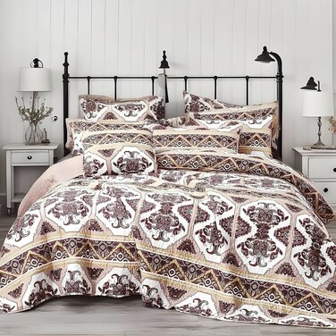 DaDa Bedding Baroque Quilted Bedspread Set - Reversible Paisley Comforter with Shams, Burgundy &amp; Rose Pink, Lightweight Southwest-Inspired Quilt for All Seasons 3-Piece - Queen Size