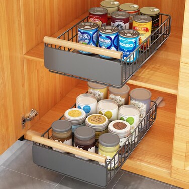 COVAODQ 2 Pack Pull Out Cabinet Organizer Extendable Sliding Slide Out Pantry Shelves Storage for Kitchen Base Cabinet Organization, Pantry, Bathroom Grey