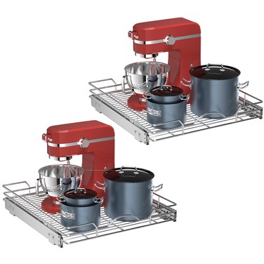 OCG Pull Out Cabinet Organizer 2 Pack (18" W x 21" D), Pull out Shelves 1 Tier, Cabinet Slide Out Shelves for Base Cabinet Organization in Kitchen Bathroom Pantry, Bottom Mount, Chrome Finish