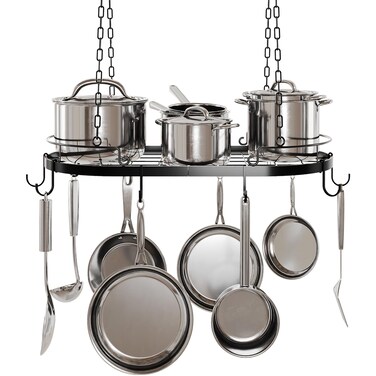 TICKCACY 24.4&acirc;&euro; Metal Pot Rack Hanging, Oval Pan Rack Hanging with Hooks, Heavy Duty Ceiling Pot Rack with Grid, Pot and Pan Hangers for Kitchen Cookware Utensils Toiletries, Easy Assembly, Black