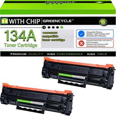 greencycle W1340A with CHIP Toner Cartridge Replacement Compatible for HP 134A Black Toner Cartridge Work with Laser Jet M209dw M234dw M234sdn M234sdw Printer Ink Cartridge (2PCS,with Chip)