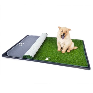 Dewonch Dog Artificial Grass Pad with Tray for Puppy Potty Training, Fake Turf Patch &amp; Washable Pee Pad Pet Loo for Small and Medium Dogs, Indoor or Outdoor Use (Potty System 35.4&acirc;&euro; x 23.6&acirc;&euro;)