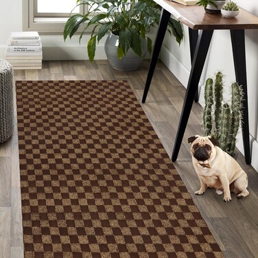 Weidear Hallway Runner Rug with Rubber Backing, Laundry Room Rug Non Slip, Washable Outdoor Indoor Rug Carpet Runner, Customized Area Rugs Mat for Entryway, Balcony, Deck-2FT x 6FT, Brown Checkered