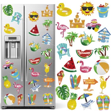 Tellegloww 24 Pcs Summer Refrigerator Diamond Painting Magnets Sea Beach Diamond Painting Kits Tropical Hawaiian Diamond Art Refrigerator Magnets Diamond Painting Magnet Stickers(Ball)