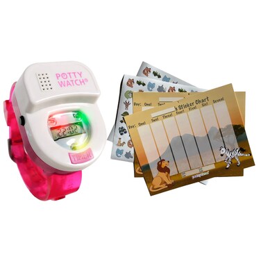 Potty Watch with Training Sticker Chart - Potty Reminder Watch and Sticker Chart for Kids - Water-Resistant Potty Watch with 3 Fun Flashing Lights and Music - (Savanna Sticker Chart, Pink)