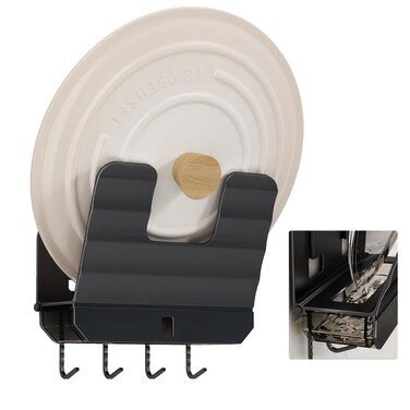 iMonse Pot Lids Holder Wall Mount with Drainage Box, Heavy Duty Pot Pan Lid Organizer, Cutting Board Rack Chopping Board Organizer with Spoon Hooks for Kitchen, Matte Black