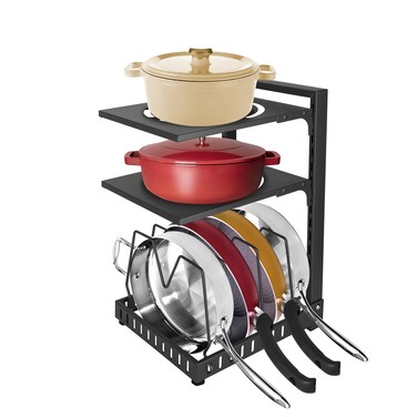 GouZaak Multi-functional Pots and Pans Organizer for Small Cabinet,3 Tiers 16.5" Height Adjustable Under Sink Organizer Rack to organize pots and pans and lids at the same time.