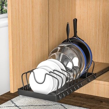 WYEDJHF Pots and Pans Organizer Under Cabinet, 8-Tier Sliding Adjustable Pan Organizer Rack and Pot Lid Holder, Pull out Pot Lid Organizer for Cabinet, Kitchen Cabinet Organization and Storage (Black)