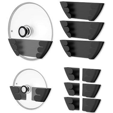 Universal Adjustable Pot Lid Holder Organizer for Cabinet - Upgraded Patented Niceyos 8 Pack Pan Lids Organizers Inside Cabinet Door Wall Mount Pots Top Rack for Kitchen Cupboard Fit 6" to 13" (Black)