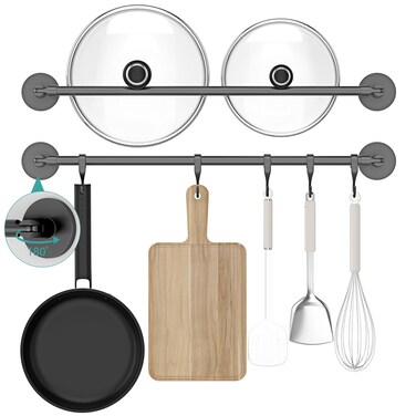 VETAID 20.1" Pot and Pan Hanging Rack Set of 2 Adhesive Wall Mounted Pot Lid Hangers Rotatable Kitchen Corner Hanging Rail with 12 Hooks