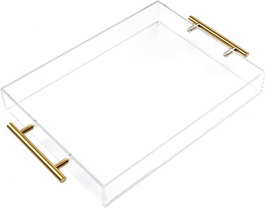 12"x12" Clear Acrylic Serving Tray with Golden Handles, Sturdy Huge Capacity Acrylic Tray for Coffee, Juice, Kitchen and Desk Organizer, Storage Tray (12"x12")