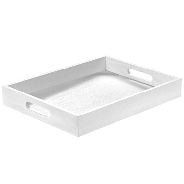 ATZYmolin Wood Serving Tray with Handles, Home Decorative Wooden Rectangle Ottoman Decor Platter Vanity Tray for Breakfast Dinner Drinks Kitchen Dining Living Bathroom Restaurants White