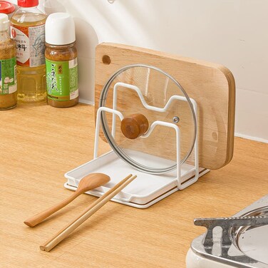 SUNFCON Pot Pan Lids Holder Cutting Board Rack Chopping Board Organizer Stand Spoon Rest w Drip Tray Kitchen Countertop White