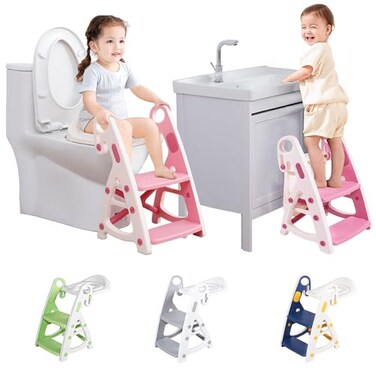 Beavtaens Potty Training Seat: 2 in 1 Design Potty Seat for Toilet &amp; Nursery Step Stool for Sink Potty Training Toilet with Height Adjustable Ladder for Kids of All Ages (Pink)